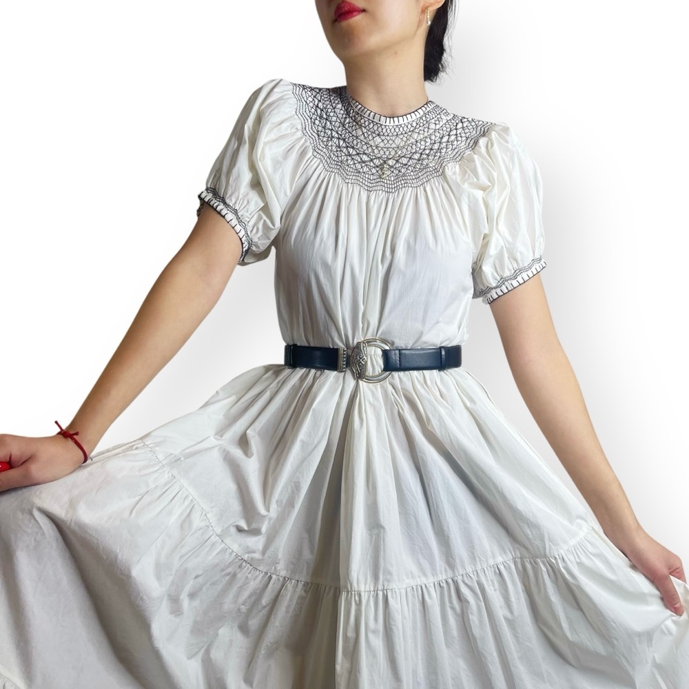 Doen Cream Smocked Yoke Cotton Dress with Black Embroidery - Picture 12 of 16